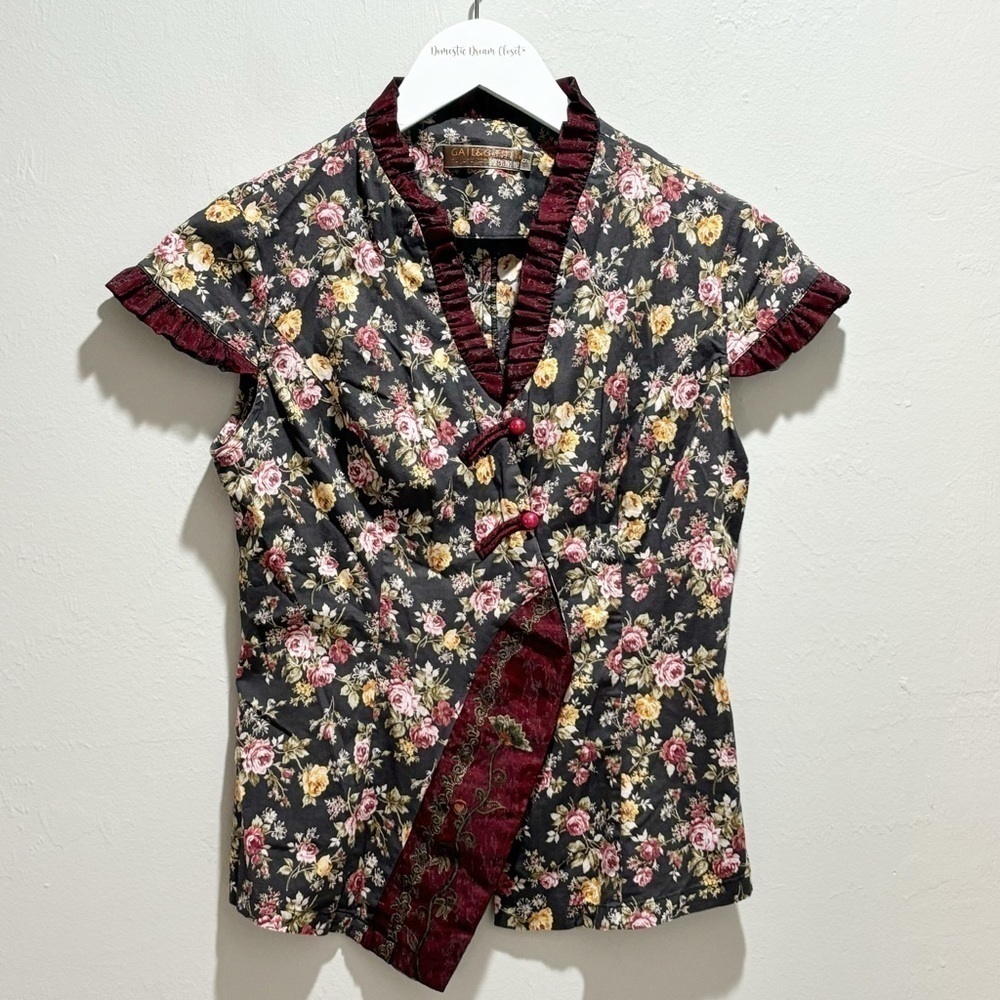 Vintage GAIL & GINNY Women’s Black Ditsy Floral Asian Inspired Blouse Top Size 9